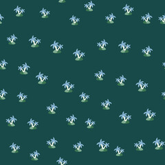 Summer seamless pattern with little random palm tree and island ornament. Navy blue background. Doodle style.
