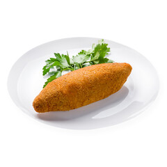 chicken Kiev cutlet on white plate isolated on white background side view