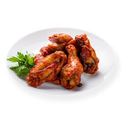 chicken wings in barbecue sauce on white plate isolated on white background side view