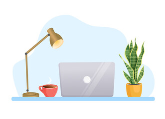 Empty workplace with a laptop computer. Flat vector illustration of freelance, work at home, work, office, education, employee search, vacancy. Remote work and communication in social networks