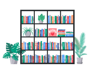 Bookcase with book collection on shelves. Stacks of colourful books. Interior with home plants. Vector 