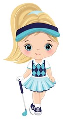 Cute Little Girl Playing Golf. Vector Little Girl Golfer 