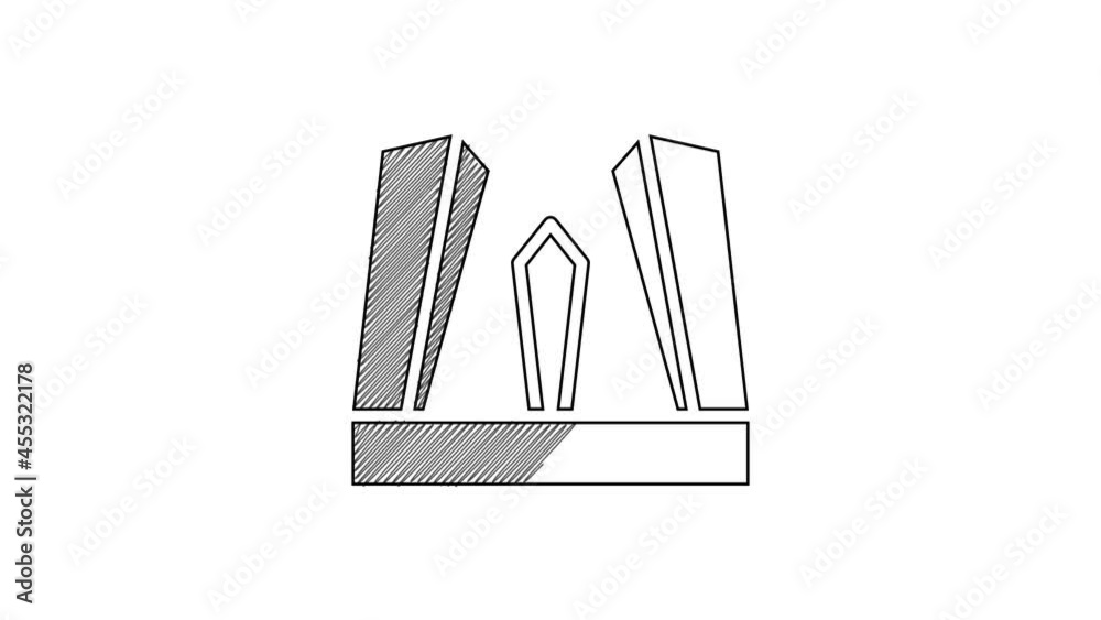 Sticker Black line Gate of Europe icon isolated on white background. The Puerta de Europa towers. Madrid city, Spain. 4K Video motion graphic animation