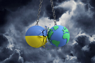 Ukraine flag ball smashing into planet earth. Global impact and disaster concept. 3D Render