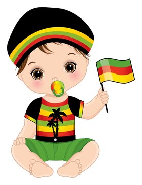 Cute Little Reggae Baby Boy with Pacifier Holding Flag. Vector Reggae Baby Boy