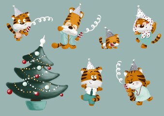 Elements of tiger family is dancing around Christmas tree in the party cone hat with firecrackers. Merry Christmas and Happy New year. Family holidays all together. Chinese tiger
