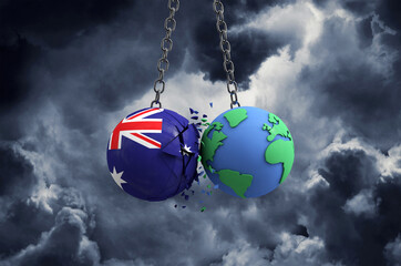 Australia flag ball smashing into planet earth. Global impact and disaster concept. 3D Render