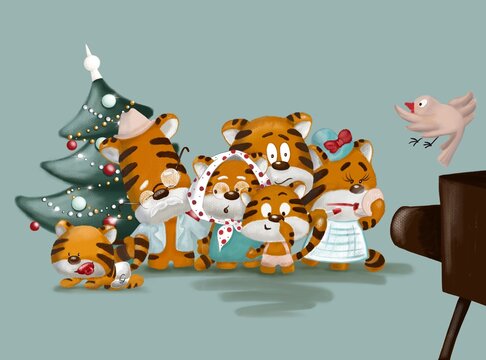 Tiger family is making family photo on old fashion camera. Merry Christmas and Happy New year. Christmas tree. Funny family situation. Family holidays all together. Chinese tiger