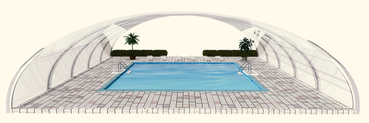 Fototapeta na wymiar 3d Mit Glasdach überdachter Pool, Poolliegen, Palmen und Hecke, isoliert