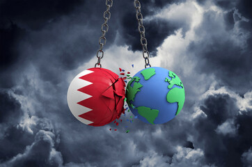 Bahrain flag ball smashing into planet earth. Global impact and disaster concept. 3D Render
