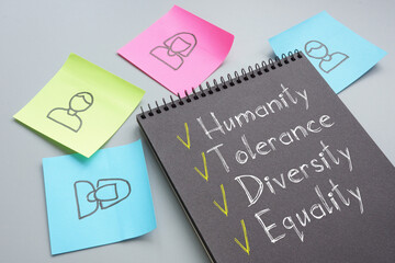 Humanity tolerance diversity equality are shown on the conceptual photo using the text
