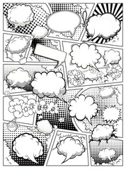 Comic book black and white page template divided by lines with speech bubbles. Vector illustration.
