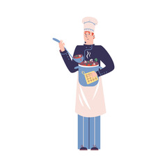 Smiling young guy is chef with pot of soup and ladle in his hands. Vector flat illustration of character cook hotel staff in uniform isolated on white background.