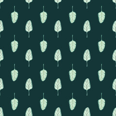 Seamless pattern Spinach salad on dark teal background. Minimalistic ornament with lettuce.