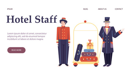 Vector vector template for website with characters of hotel staff. Landing design with flat cartoon illustration of characters bellboy and doorman.