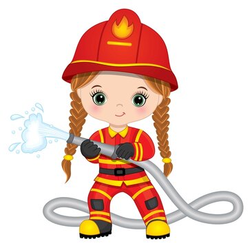 Little Redheaded Firefighter Girl with Fire Hose. Vector Firefighter Girl 