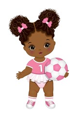 Cute Little African American Baby Girl Holding Soccer Ball. Vector Black Girl Paying Football 