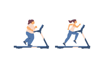 Overweight and slim woman train on treadmill, flat vector illustration isolated.