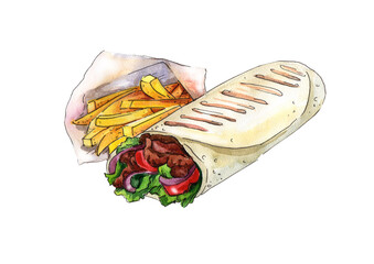 Shawarma with fries. Watercolor Illustration.