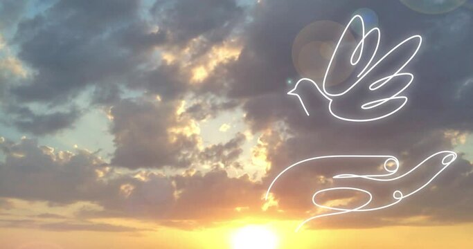 An open palm and a dove. One line drawing on the background of the dawn sky. Symbol of peace, church, holy spirit. Empty space for text.