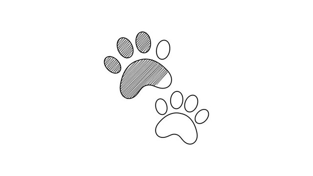 Black line Paw print icon isolated on white background. Dog or cat paw print. Animal track. 4K Video motion graphic animation