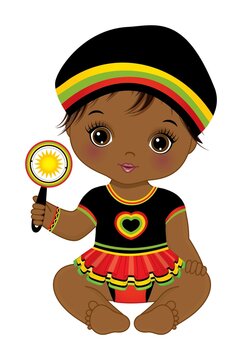Reggae African American Baby Girl Holding Rattle. Vector Reggae Black Baby Girl