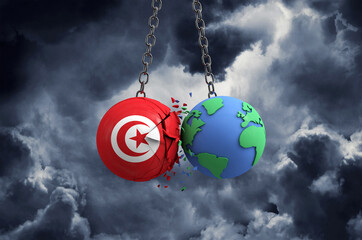 Tunisia flag ball smashing into planet earth. Global impact and disaster concept. 3D Render