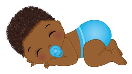Cute African American Baby Boy Wearing Blue Diaper. Vector Baby Boy with Pacifier 