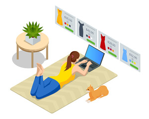 Isometric Online Store for Women. Clothing store, Online Shopping, Home delivery.