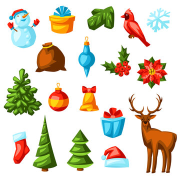 Set of Merry Christmas objects. Holiday items in cartoon style.