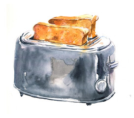 Watercolor illustration of sketch toaster with toasts on white background 