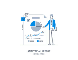 Business man presents analytics data. Business data analysis and report. Effective business management. Modern vector illustration. Editable stroke.