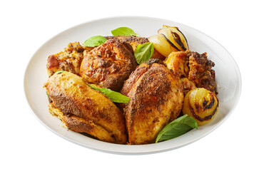 Stir-fried chicken breasts on plate isolated on white