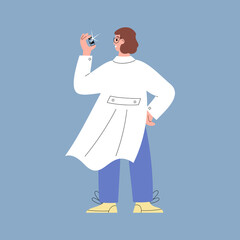 Doctor scientist researcher in white coat holding glass vial with vaccine or drug