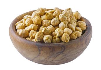 Raw yellow chickpea in wooden bowl, isolated on white