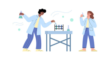 Man and woman scientists create vaccine or medicine at science laboratory.