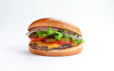 Perfect hamburger classic burger american cheeseburger with cheese, bacon, tomato
