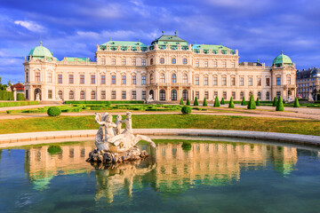 Fototapeta na wymiar Vienna, Austria. Upper Belvedere Palace with reflection in the water fountain.