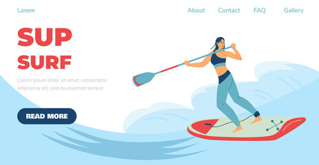 SUP surf or stand up paddling website with surfing woman, vector illustration.