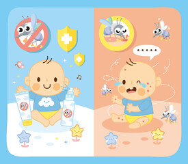 spray insect repellent on happy kid and insect bite on skin kid