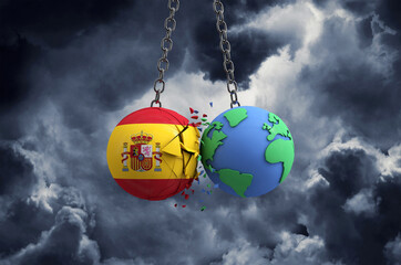 Spain flag ball smashing into planet earth. Global impact and disaster concept. 3D Render