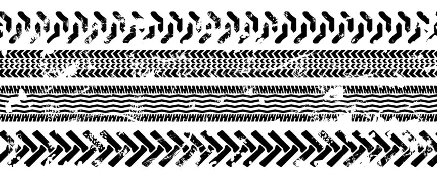Tire tracks, a set of vectors of tread tracks. A frame made of tracks from a truck, a car with a grunge effect.