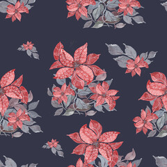 watercolor illustration seamless pattern  flowers with white pattern,gray leaves,for wallpaper,fabric or furniture