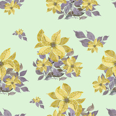 watercolor illustration seamless pattern  flowers with white pattern,gray leaves,for wallpaper,fabric or furniture