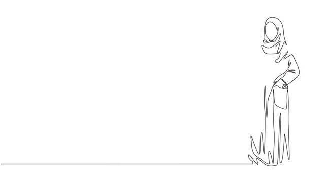 Animated self drawing of continuous line draw young pretty muslimah on traditional arab cloth carrying pocker bag. Beauty Asian woman model in hijab fashion concept. Full length single line animation.
