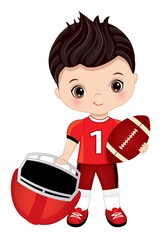 Cute Little Boy Playing American Football. Vector American Football Player 