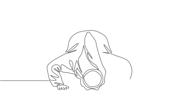 Animated self drawing of single continuous line draw muslim person praying, doa sujud movement on pray. Sajadah worshiping of Islamic person concept. Full length one line animation illustration.