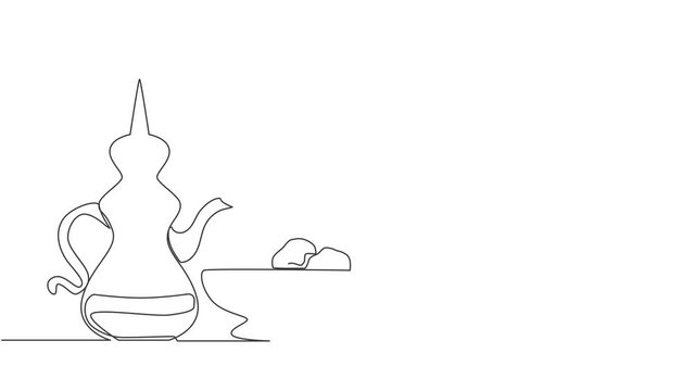 Self drawing animation of one single line draw teapot usually containing Zam zam water and dates fruit on plate. Food and drink to eat after fasting concept continuous line draw. Full length animated.