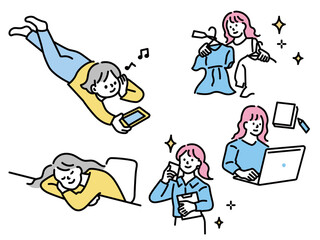 女性のイラスト(居眠り、ぐーたら、ゴロゴロ、ゆったり、寝る、自分磨き、ストレス発散、休日、仕事、ショッピング、憧れ、勉強) Illustrations of ideal and dreamy women . goals, plans, work, shopping, longing, studying