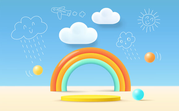 3D rendering podium kid style, colorful background, clouds and weather with empty space for kids or baby product.